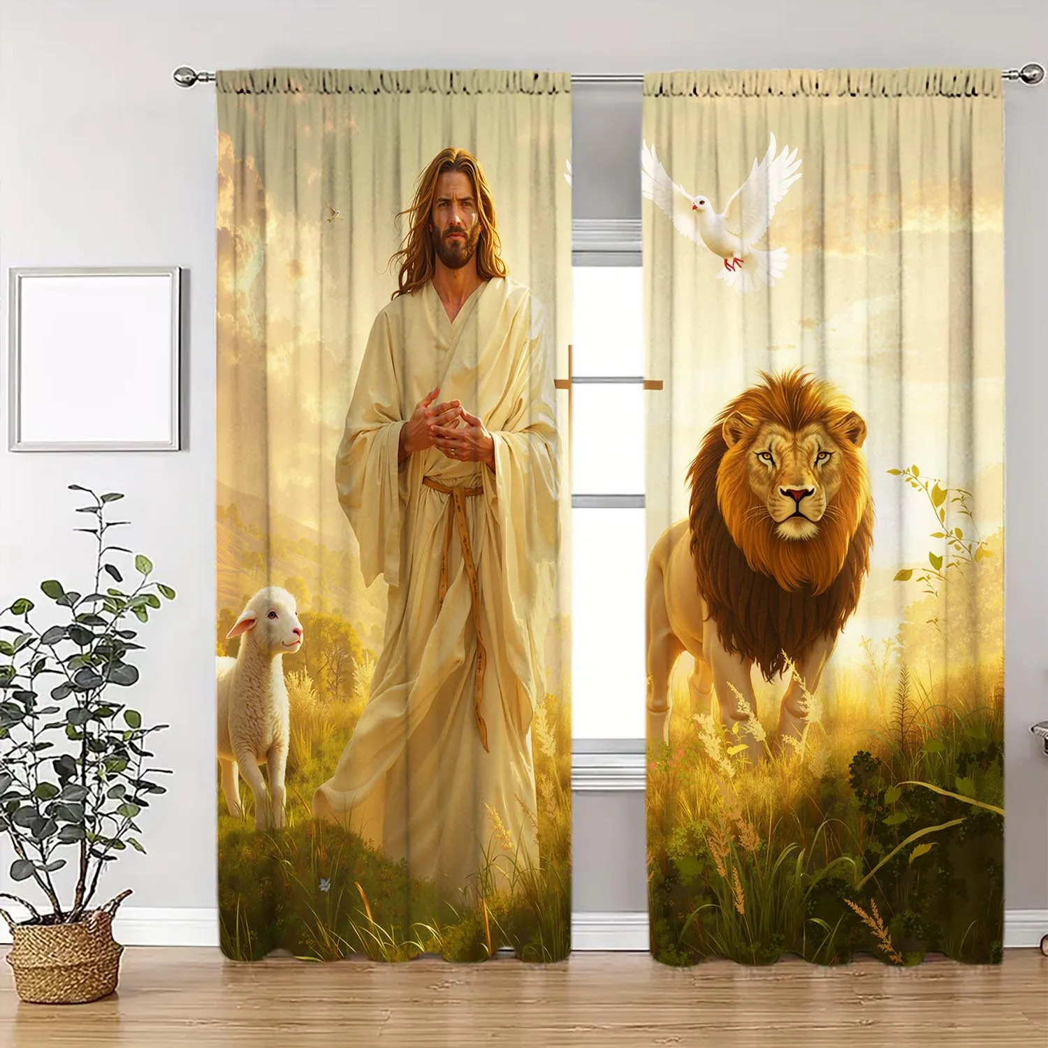 Jesus Christ Lion Lamb Print Curtains, Religious Christian Art Blackout Drapes for Living Room, Bible Theme Home Decor Window