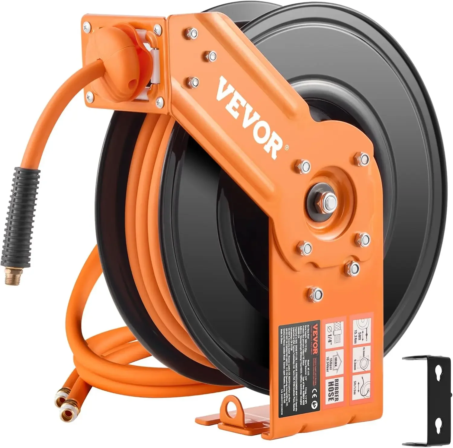 Retractable Air Hose Reel, 3/8IN x 50FT Rubber Air Hose Max 300PSI, Air Compressor Hose Reel Auto-Rewind with 5FT Lead in