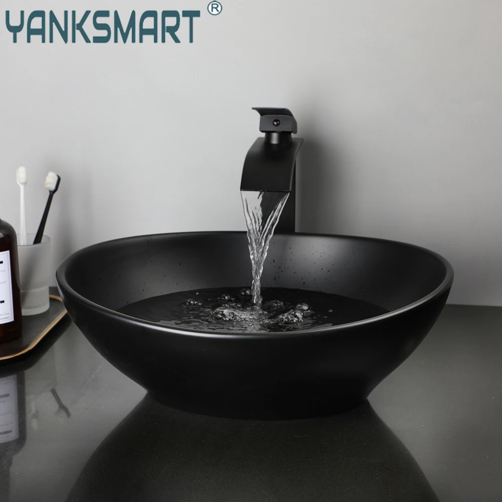 

YANKSMART Glass Tempered Basin Sink Washbasin Faucet Bathroom Above Counter Vessel Vanity Sink Mixer Waterfall Tap Combo Kit