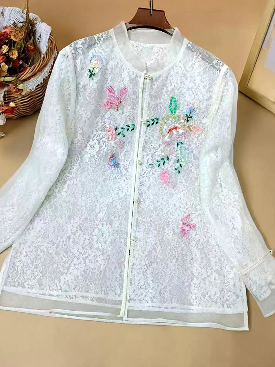 Elegant New Chinese Style Silk Chiffon Lace Shirt Embroidered Beads Double Beauty Meiren Spring Summer Women's Top