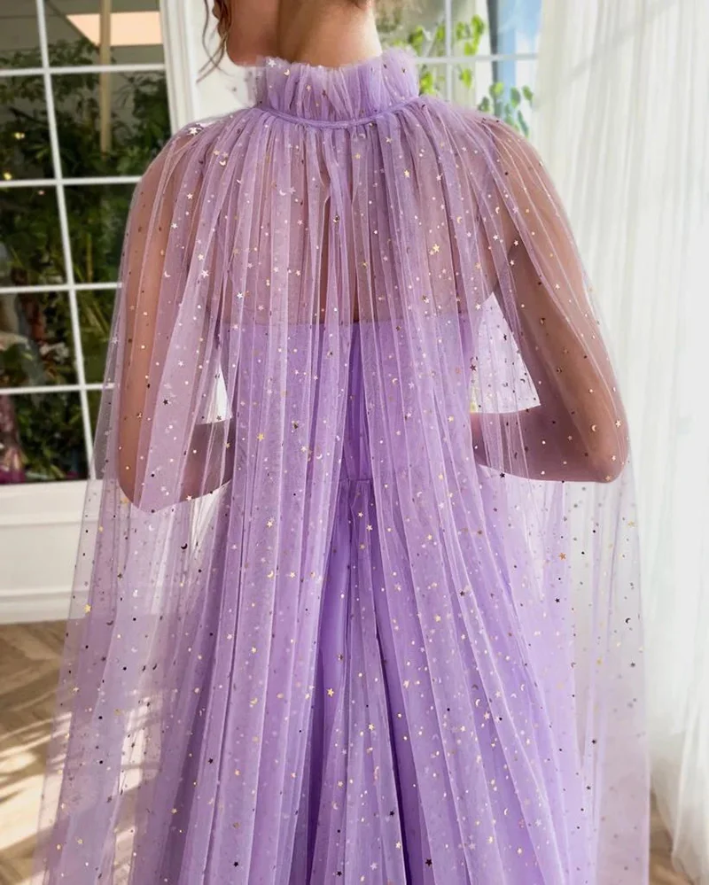 Elegant Lilac Two Pieces Evening Dress Shiny Tulle Party Gown With Cloak Long Prom  Special Occasions  Robe Customize