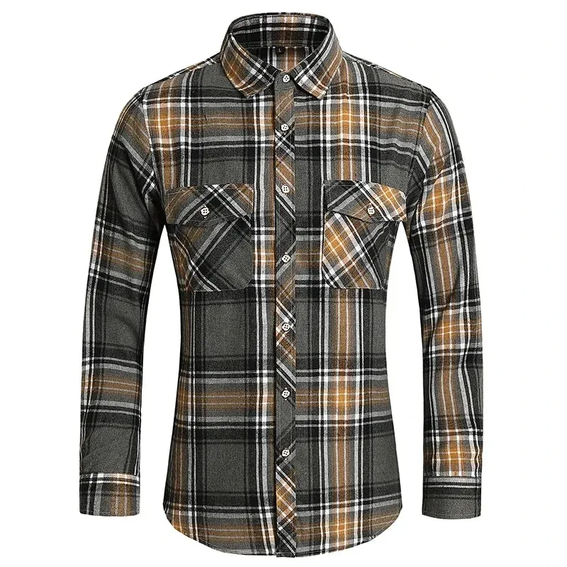 

Men's Autumn Checkered Shirt with Retro Double Pockets, Formal Business Casual Shirt, Men's Fashionable Clothing