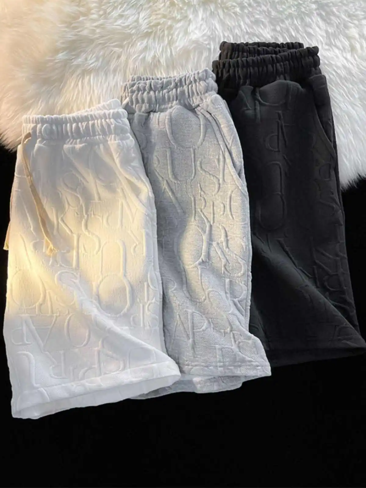 Summer Men Waffle Shorts Elastic Waist Letter Printed Knee-length Pants American Casual Fashion Loose Male shorts