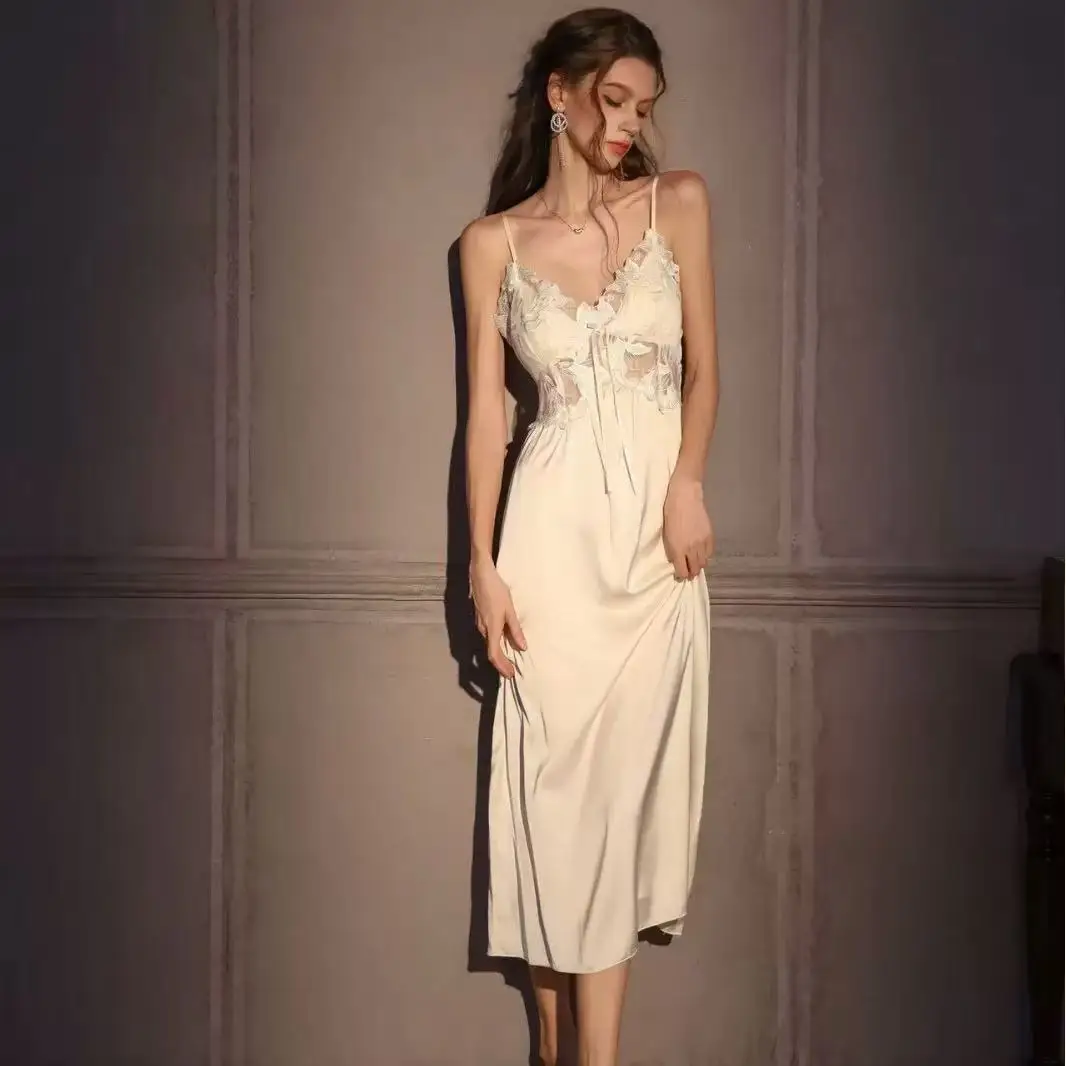 Women s Luxury Satin Nightgown French Style Spaghetti Strap Sleep Dress With Built In Pads Long Knee Length Loungewear