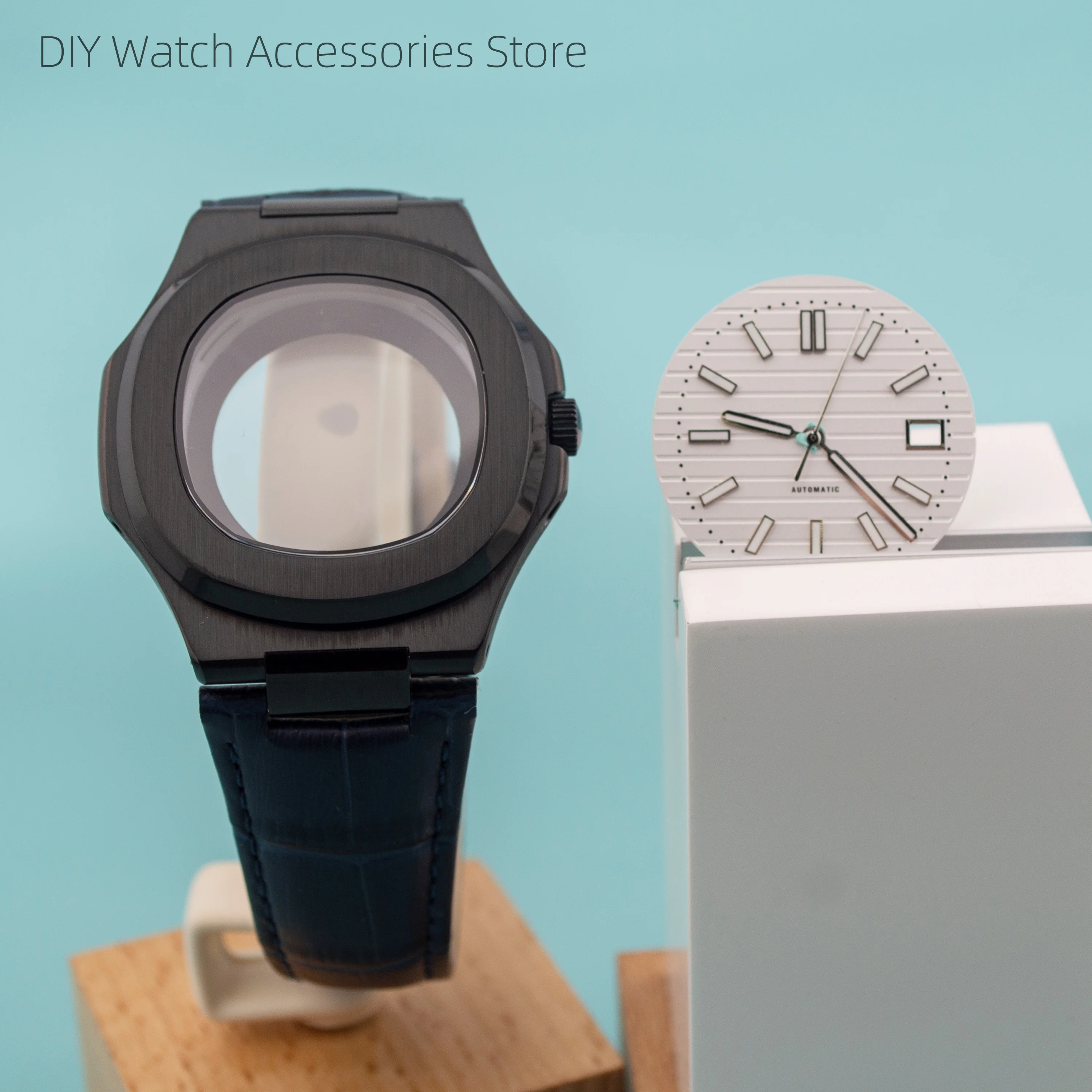 41mm Watchcase PVD Black Stainless Steel Case Genuine Leather Strap For Nautilus NH35 Automatic Movement Parts Replacements