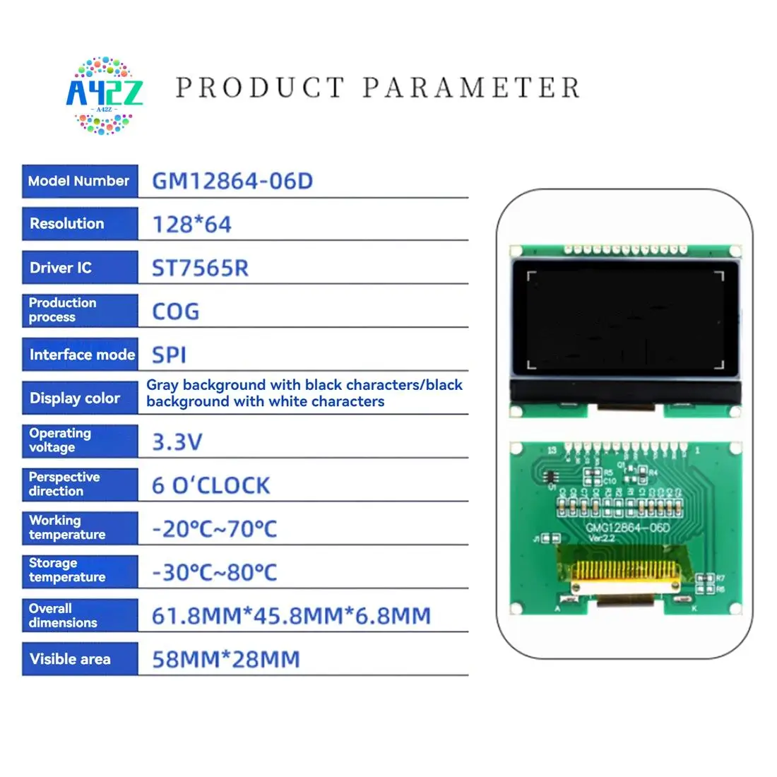 A42Z-LCD12864 12864-06D, 12864, LCD Module, COG, With Chinese Font, Dot Matrix Screen, SPI Interface