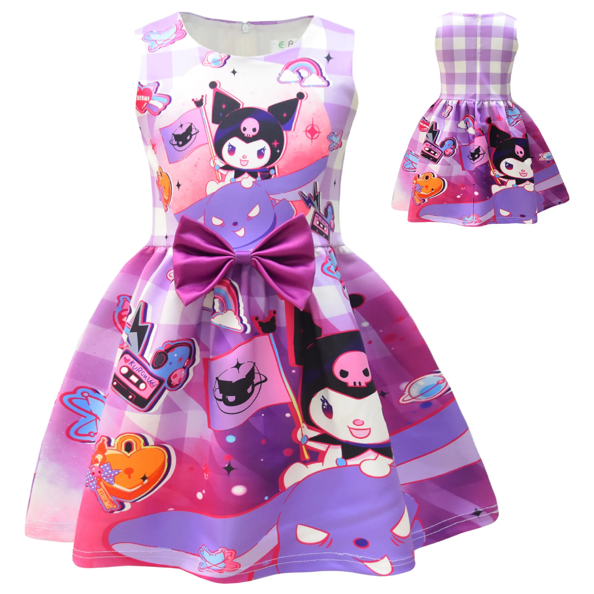 

Girls Costume Kuromi Print Sleeveless Bowknot Cartoon Party Dress Cute Casual Daily Outfit Cospaly Dresses Birthday Gift