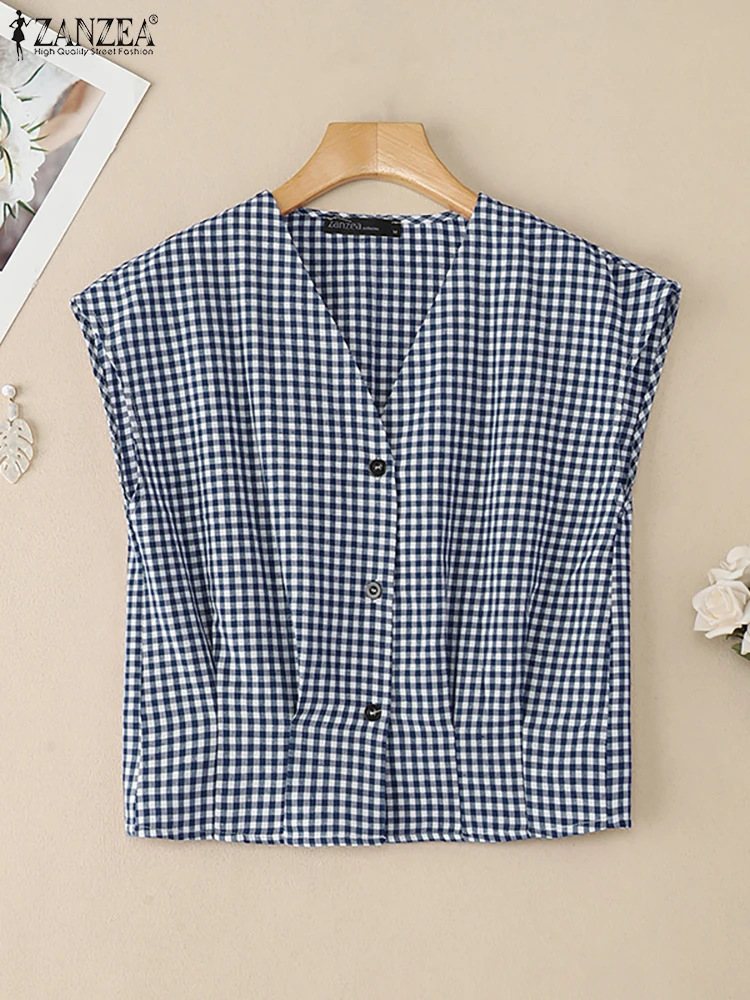

2025 элегантные офисные рубашки с v-образным вырезом ZANZEA, летние клетчатые блузки без рукавов в клетку, женские топы на бретелях, стильная туника Blusas на пуговицах