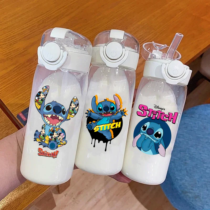 Botella de agua de plástico con pajita de Disney Lilo&Stitch, 400-600ML, taza de agua potable transparente portátil de gran capacidad para niños