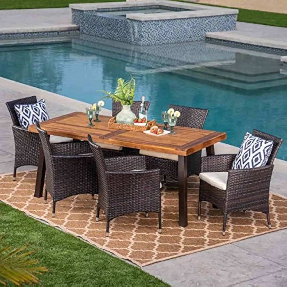 

Randy | Outdoor 7-Piece Acacia Wood and Wicker Dining Set with Cushions | Teak Finish | in Multibrown/Beige, Rustic Metal