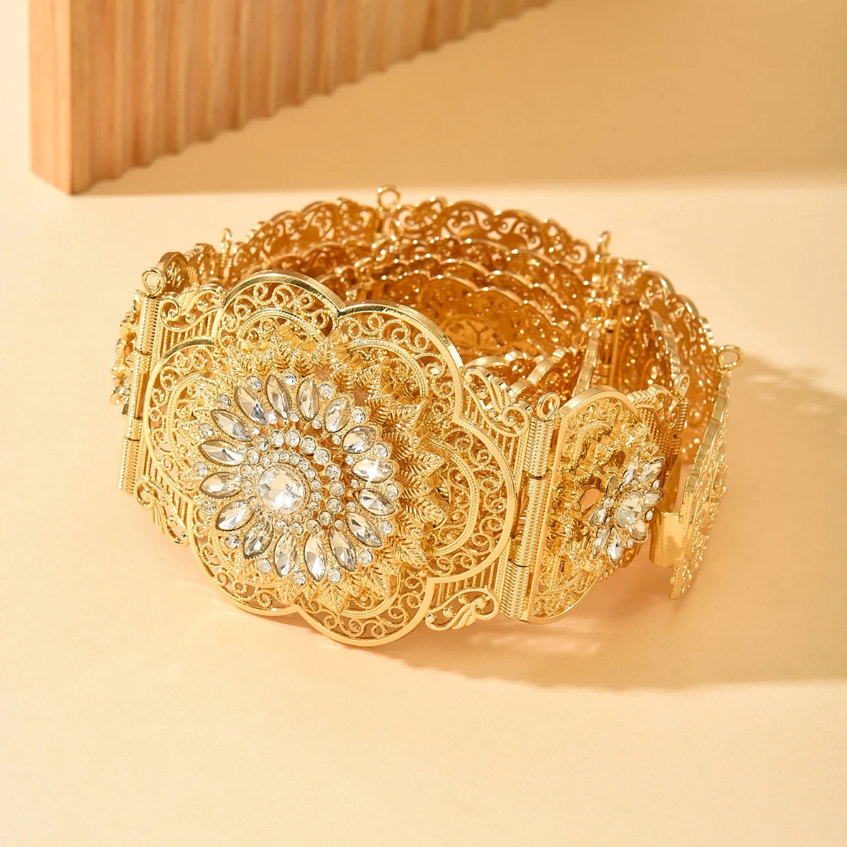 

Moroccan Bridal Filigree Belt - Crystal-Floral In Golden Silver For Stunning Wedding Bridal Gown Styling