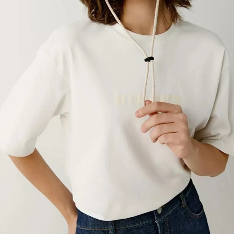 Loose Casual Round Neck Solid Color Ramie Cotton T-shirt Blouse Woman