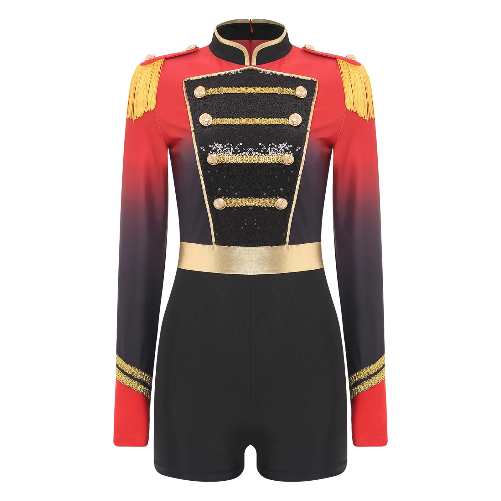 

Women Circus Ringmaster Performance Costume Jumpsuit Gradient Color Tassel Epaulet Long Sleeve Rompers for Halloween Cosplay