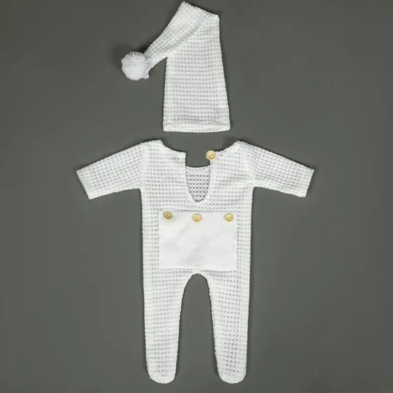 C63C 2 Pcs Newborn Photography Props Crochet Outfit Baby Romper Hat Set Accesories