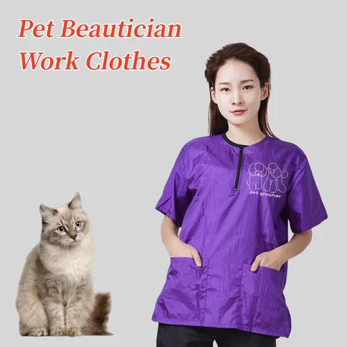 Imagen 1 del producto Ropa de trabajo para peluquero de mascotas, uniformes de aseo para perros, bata impermeable, Tops a prueba de pelo, delantal de manga corta, vestido morado y negro Y0519