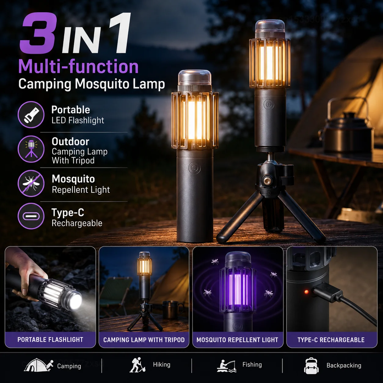 

Qualitell Multi-function Camping Mosquito Lamp Rechargeable Portable LED Flashlight Outdoor Mosquito Repellent Light with Tripod