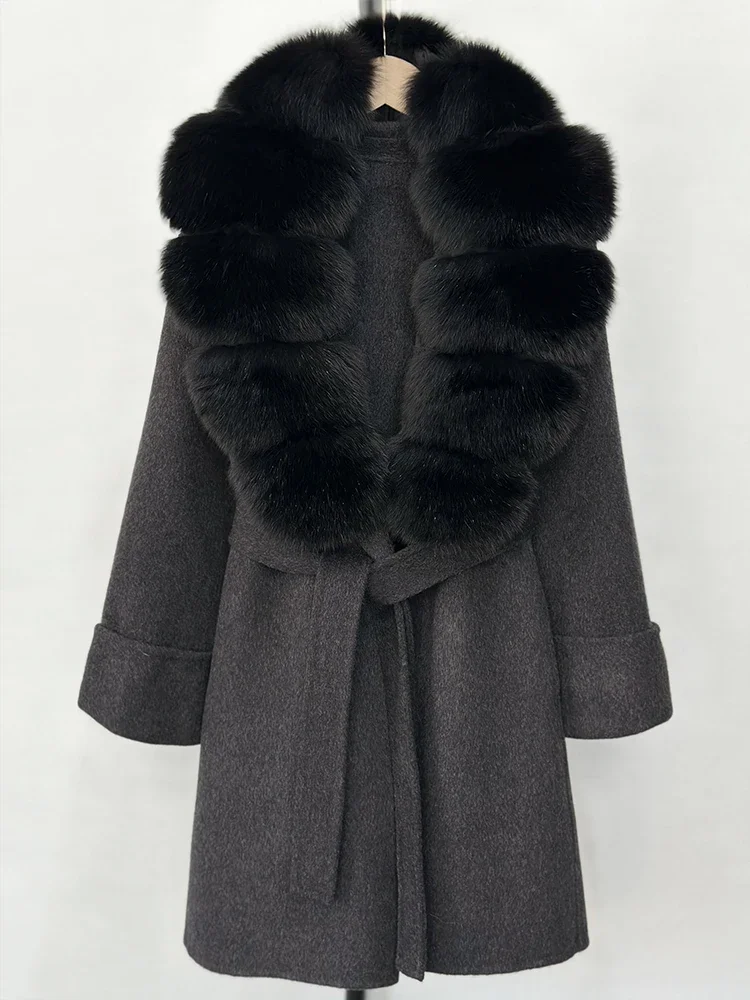 Женское пальто из натурального лисьего меха, новинка 2023 года, зимняя куртка с карманами на поясе, женская свободная шерстяная верхняя одежда, уличная одежда