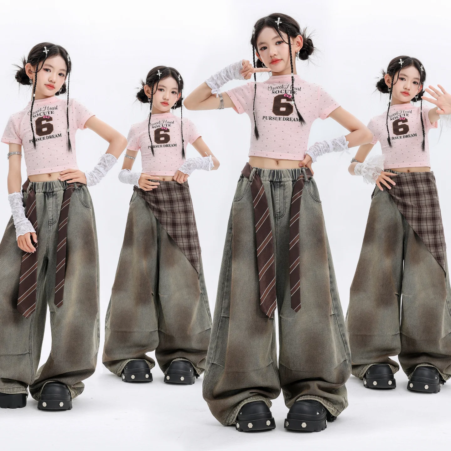 Girls K-pop Fashion Pink Star Crop Top Chocolate Jeans Kids Hip Hop Streetwear Costumes Children Jazz Girl Group Clothes Sets