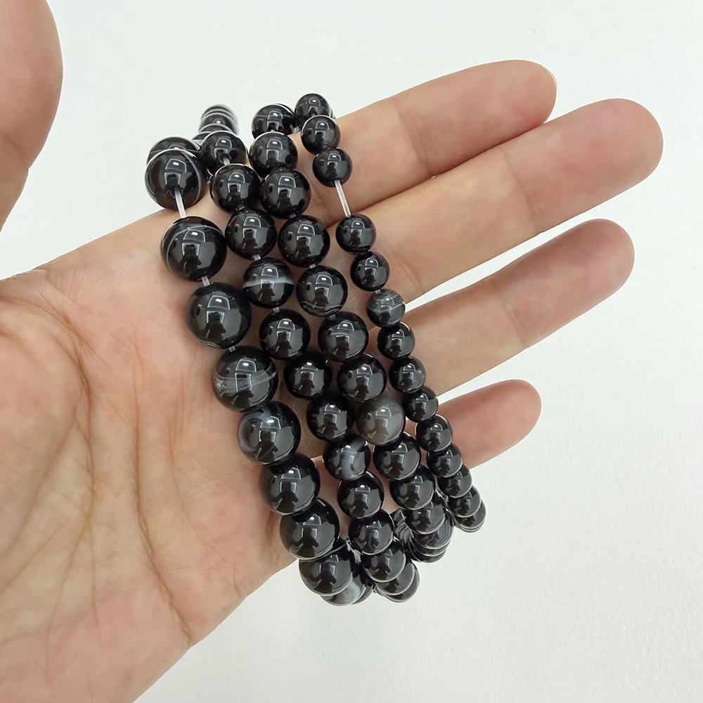 Natural Stone Black Stripe Onyx Agate Round Loose Beads 4 6 8 10 12MM Pick Size For Jewelry Making