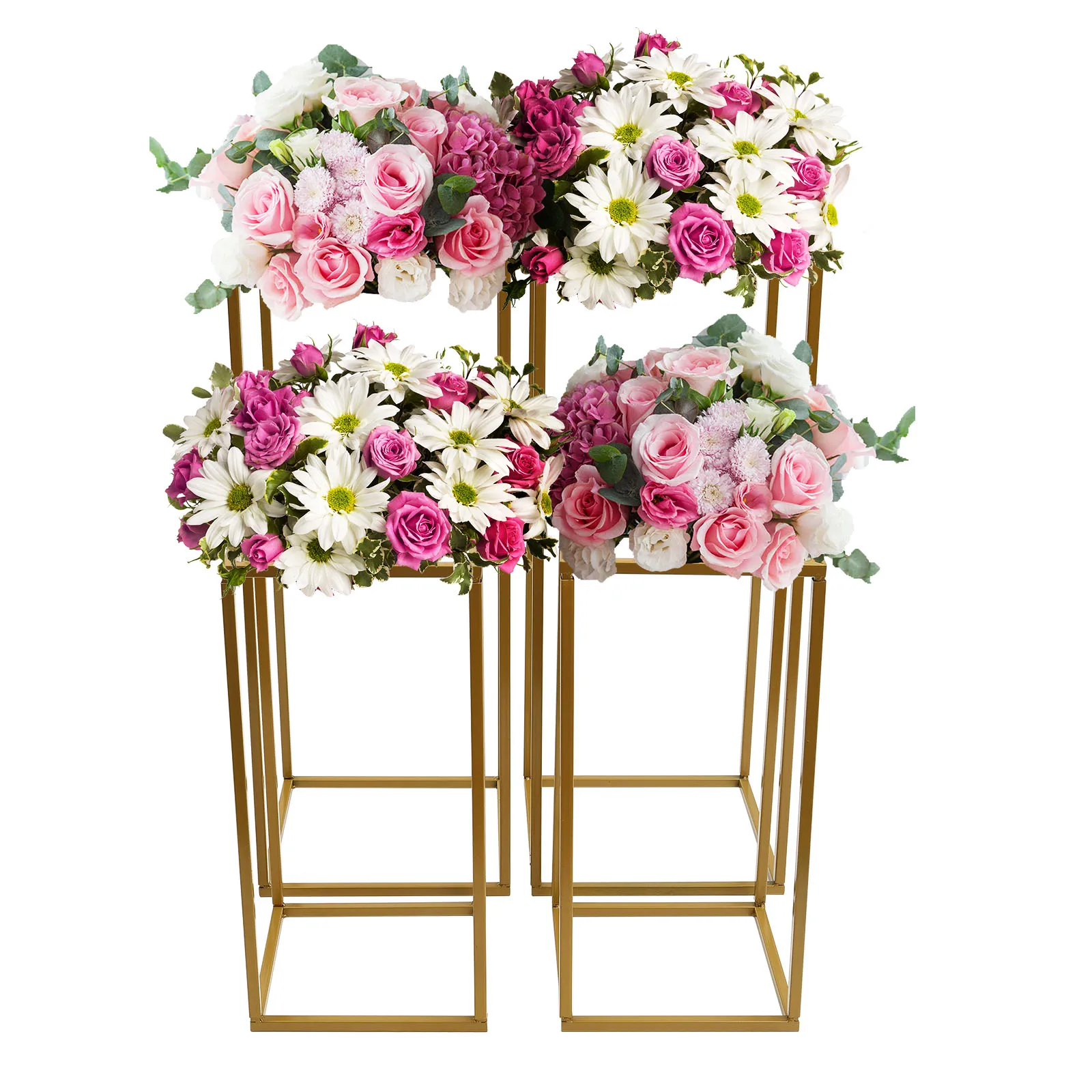4 Piece Gold Wedding Flower Stand Set | 40cm+60cm Tall Geometric Metal Column Rack | Party Balloon Bouquet DIY Decoration Holder