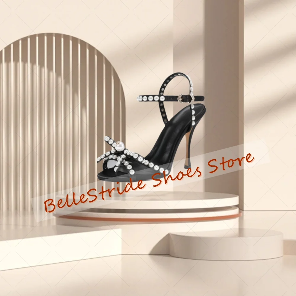 الوردي اللؤلؤ القوس عقدة ديكور الصنادل مشبك حزام أحذية النساء الخناجر عالية الكعب مأدبة الحفلات يؤرخ 2025 Zapatos Para Mujere