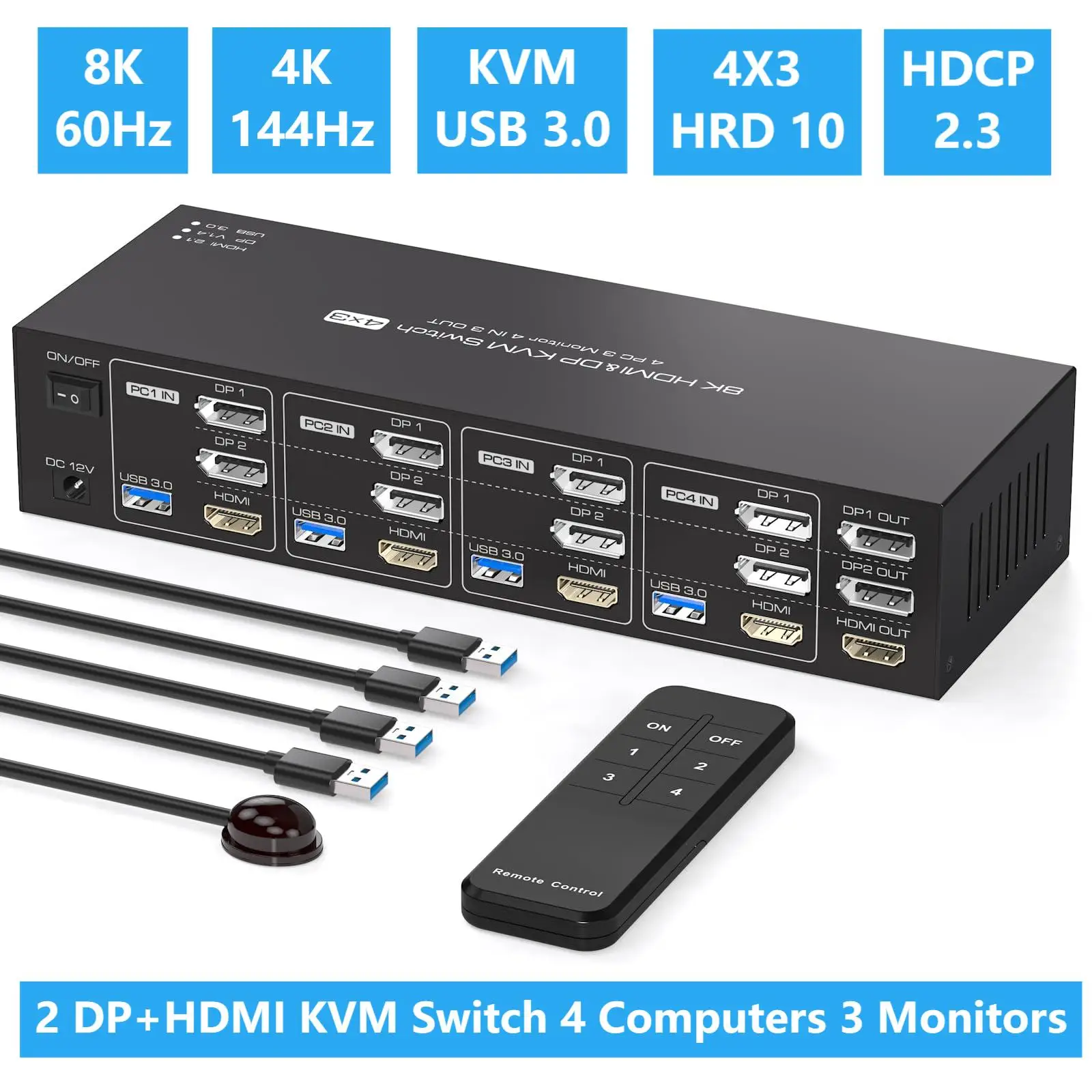 

8K@60Hz 2 DP+HDMI KVM Switch 4 Computers 3 Monitors 4K@144Hz Displayport KVM Switch 4 PC Share Triple Monitor + 4 USB3.0 Devices