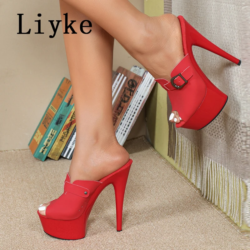 Liyke Summer Fashion Buckle Strap Women's 15CM Super High Heels Modren Slippers Platform Sandals Sexy Peep Toe Party Dress Shoes