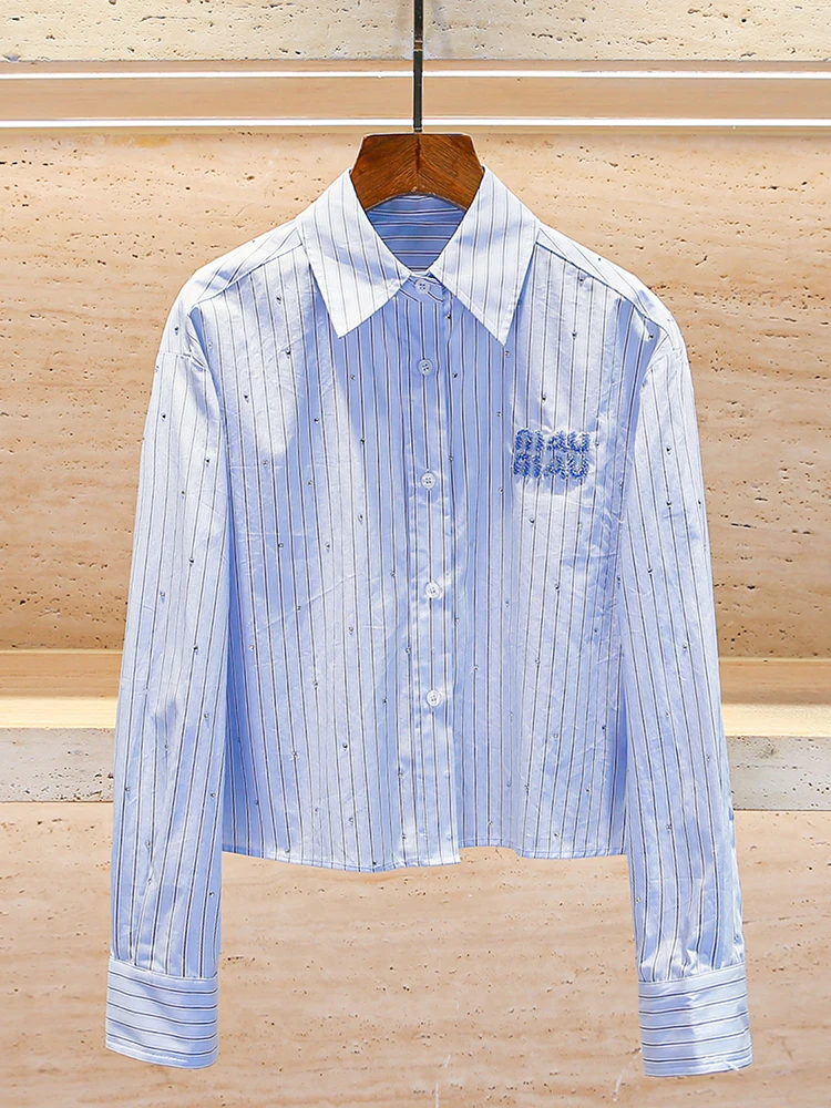 

Ele Women's Casual Striped irt Long Sve T Sle Glittering Diamond Spring Faion High Quali Polyester Fiber