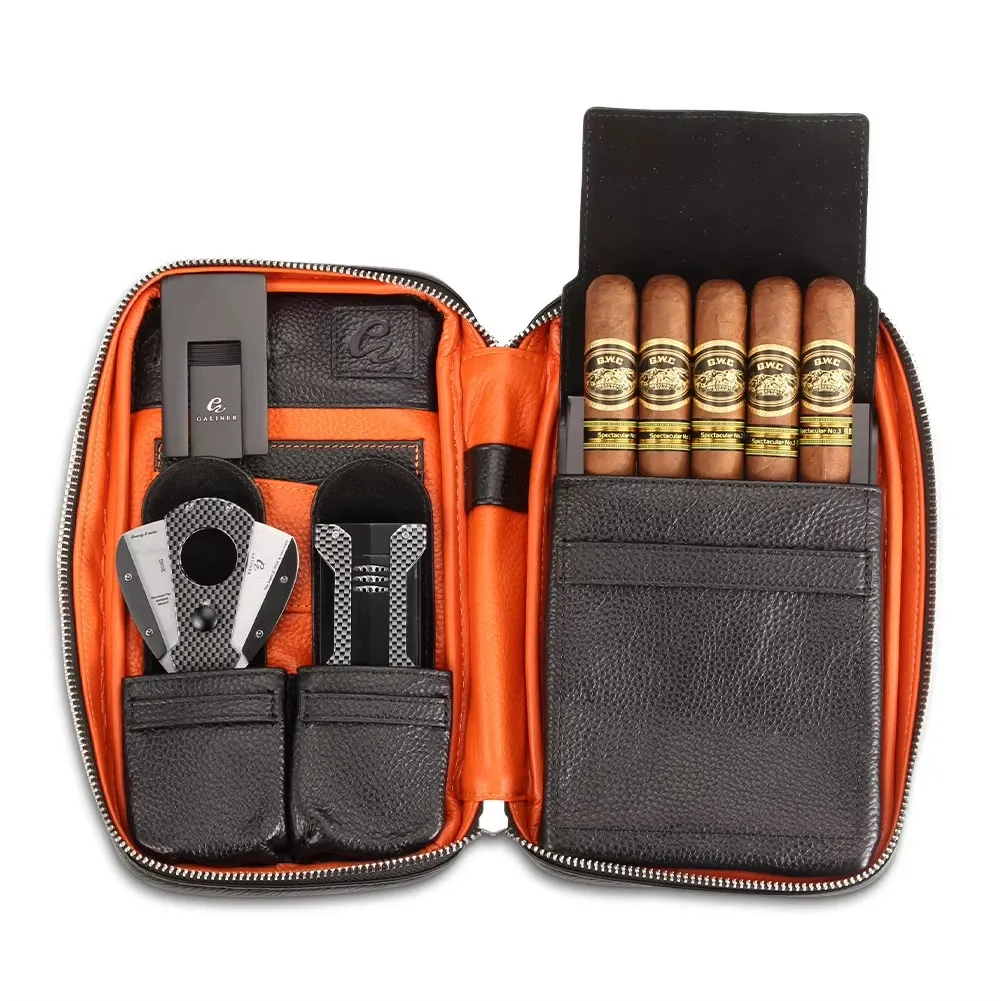 GALINER Real Leather Cigar Case Travel Humidor Cigar Set W/ Butane Torch Lighter Cigar Cutter Sharp Guillotine Humidifier Bag