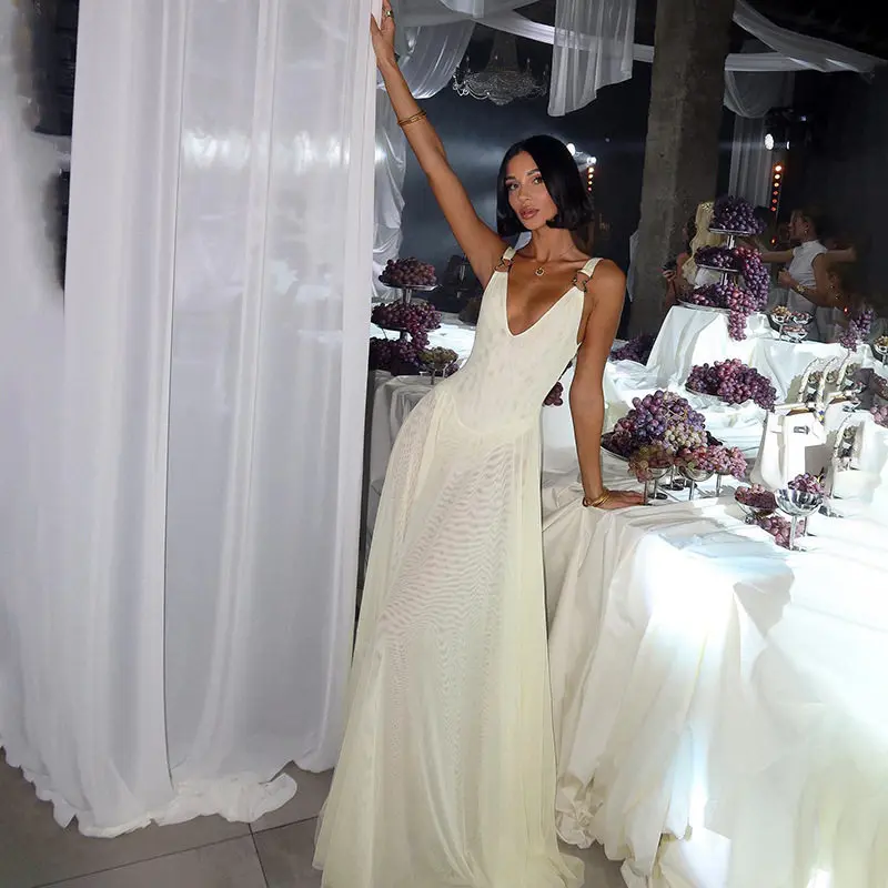 

Women Mesh Metal Ring Shoulder Strap Long Dress Lady Elegant Senior Luxury Party Dresses Trendy Dinner Banquets Festival Dresses