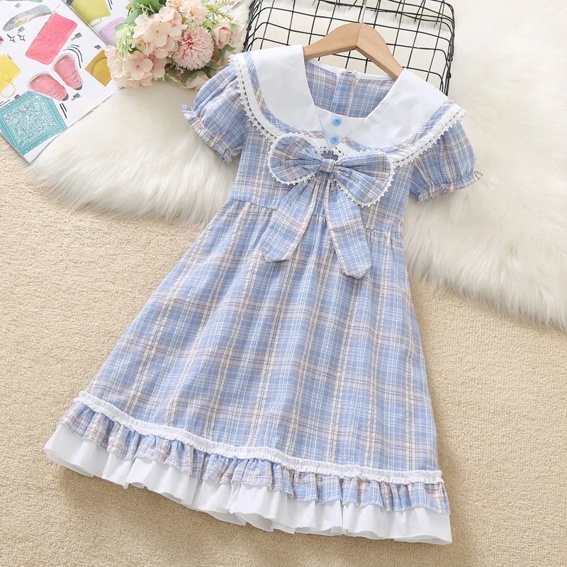 Dresses For Girls Children Costumes Summer Plaid Dress Princess Short Sleeve Sundress Baby Kids Vestidos 4 6 7 8 9 10 12 Years