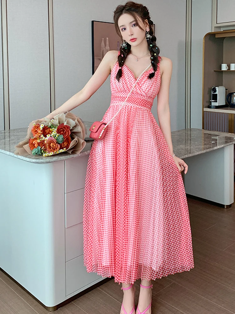 Dolce e carino vestito da partito sexy da donna vacanza maglia trasparente cinturino a pois rossi altalena senza schienale abito a pieghe vacanza al mare club abiti