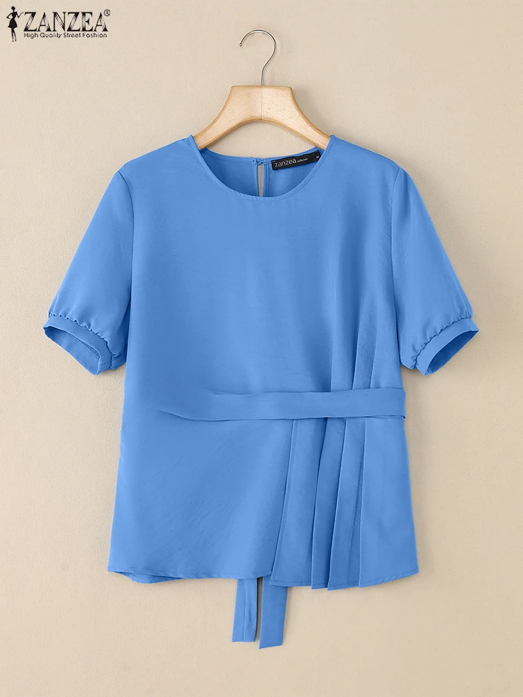 

ZANZEA Women Tie Waist Pleated Blouses Summer Casual Short Puff Sleeve Round Neck Blusas Mujer Street Fashion Solid Color Tops