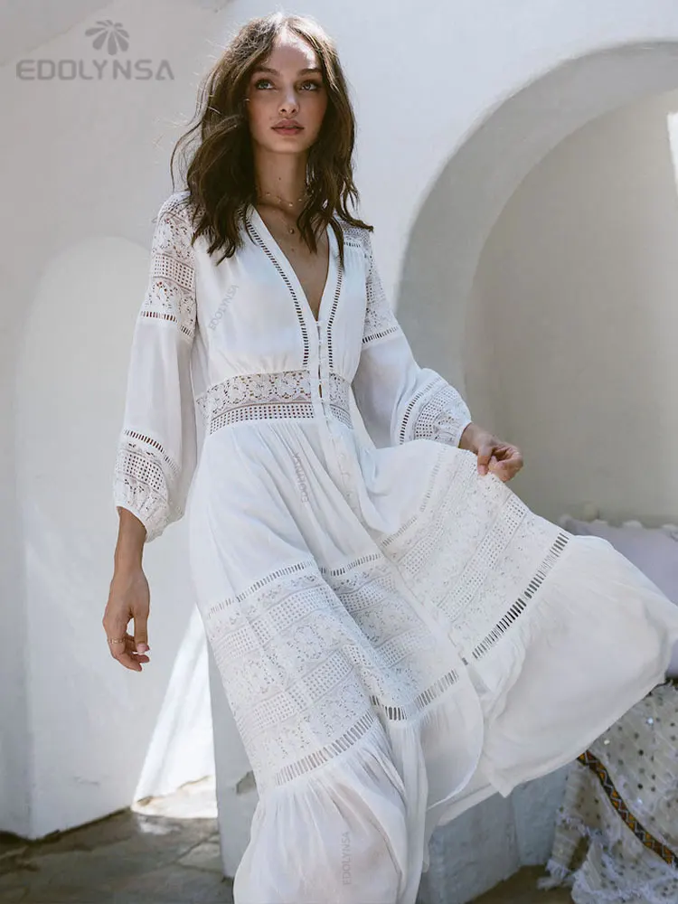 Elegant Women Tunic Summer Fashion Long Beach Dress Sexy Patchwork Short Sleeve Front Open White Robe Dress pareos Q561