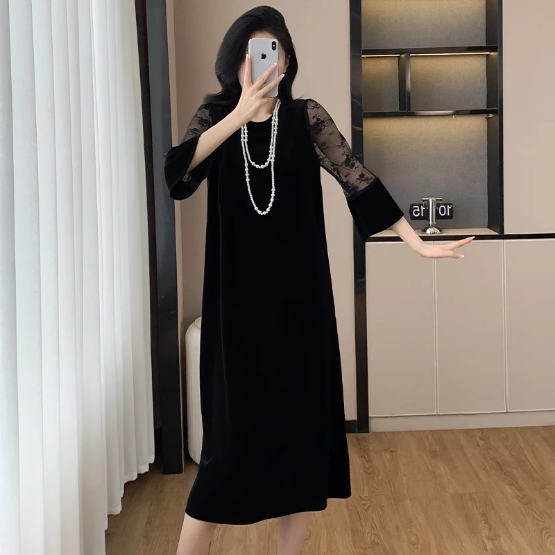 

Женские бархатные длинные платья, женские элегантные черные кружевные лоскутные платья большого размера с круглым вырезом и коротким рукавом, трапециевидного силуэта, Осень-зима