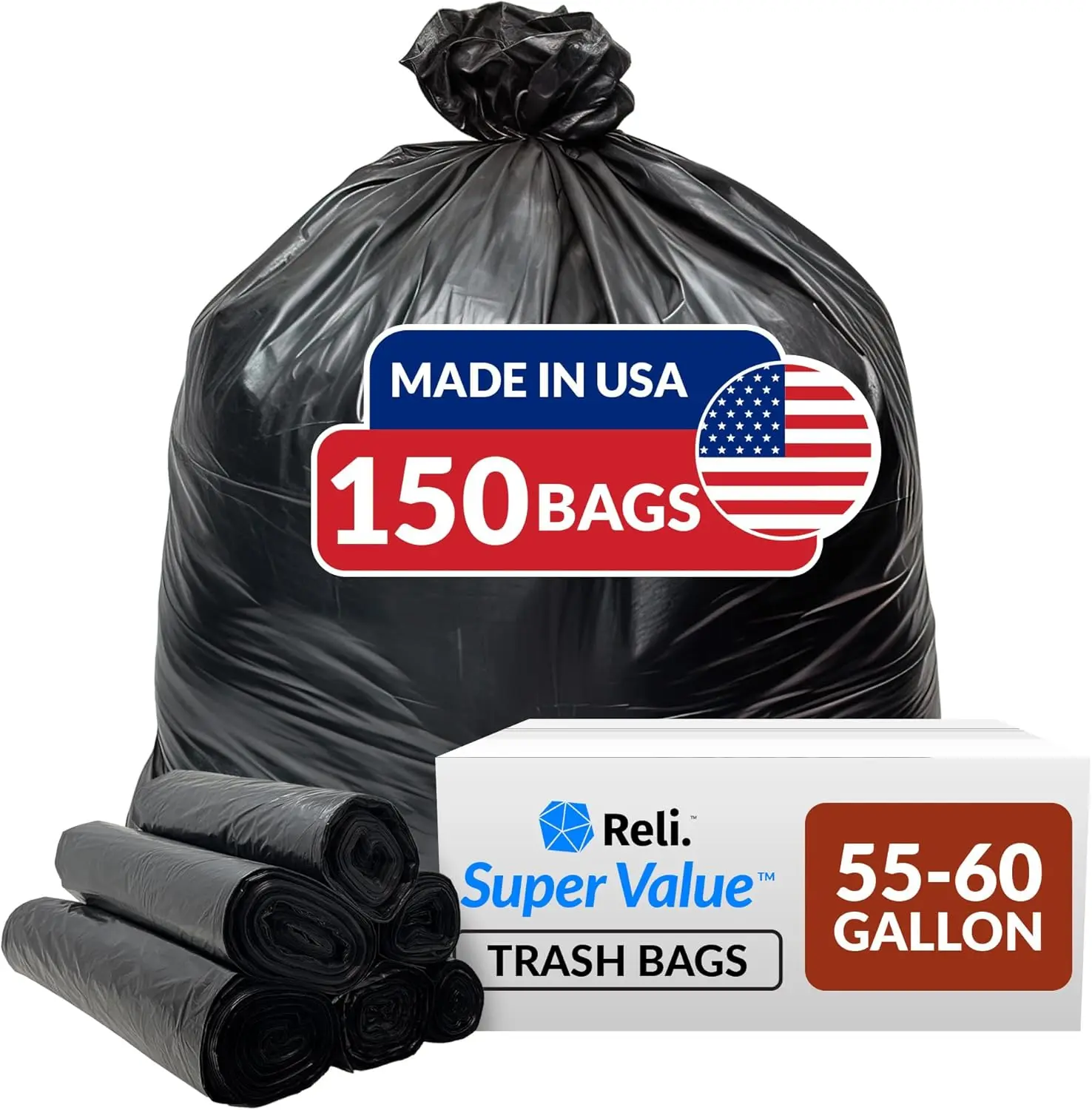 

Heavy Duty 55-60 Gallon Trash Bags, 150 Count, Large Black Garbage Bags Made in USA