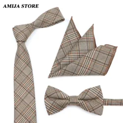 Classic Plaid Striped Cotton Tie Bowtie Pocket Square Set Men Brown Suit Dark Hanky Party Daily Bussiness Tuxedo Gift Accessory
