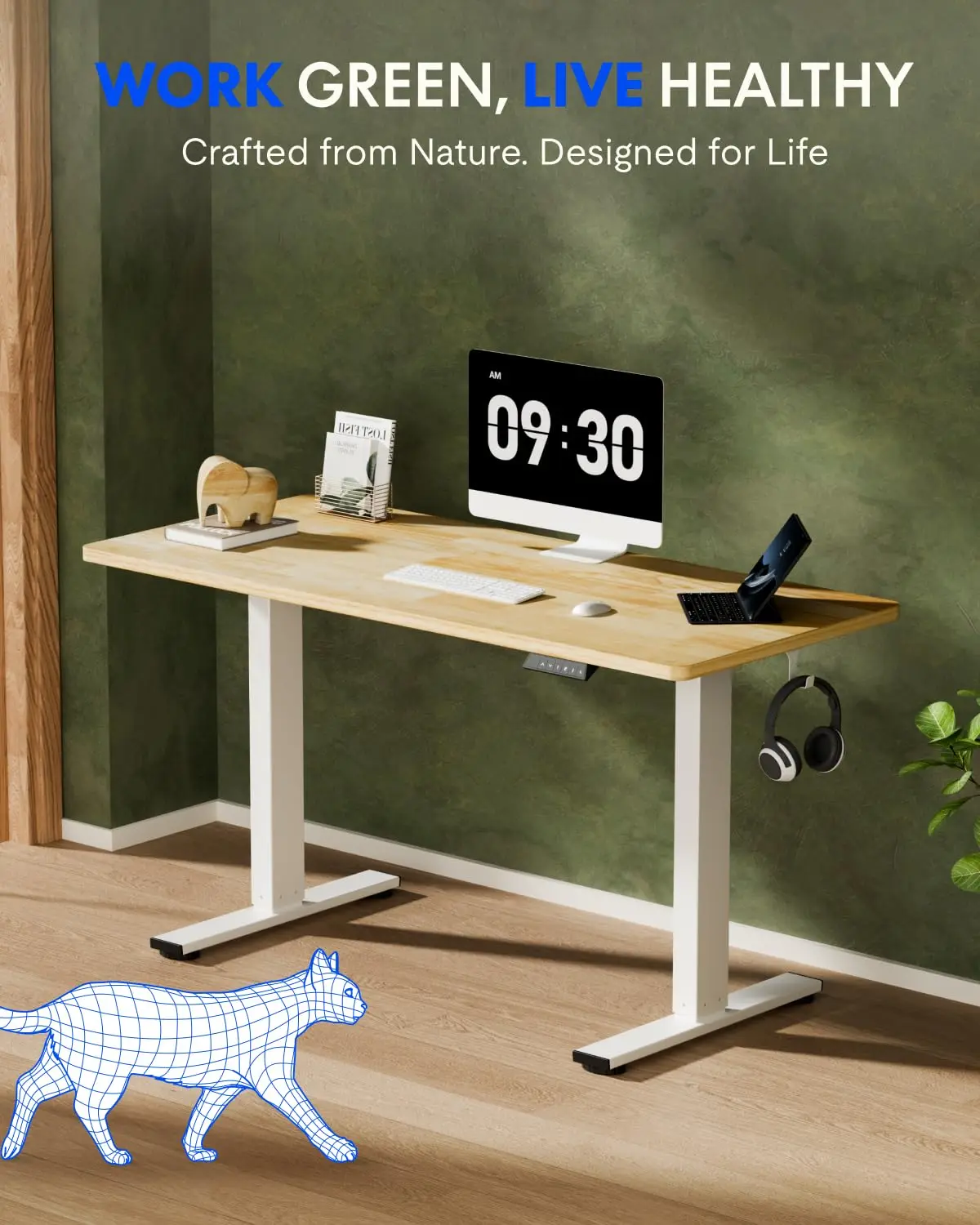 Solid Wood Standing Desk White Frame Natural Grain 176LBS Home Office Multi-Monitor 48x24