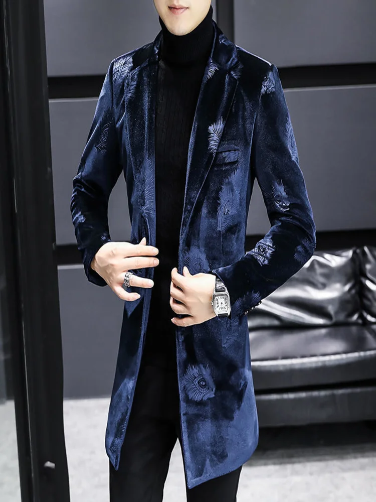

Royal Blue Print Velvet Warm Coat Designer Men Winter Wool Blends Jacket Trendy Slim Fit Long And For