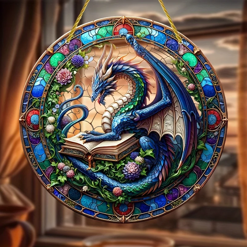 1PC Dragon Suncatcher Wall Sign Round Dyed Acrylic Wall Art Hanging Plaque Pendant For Festival Window Yard Gardene Room Decor