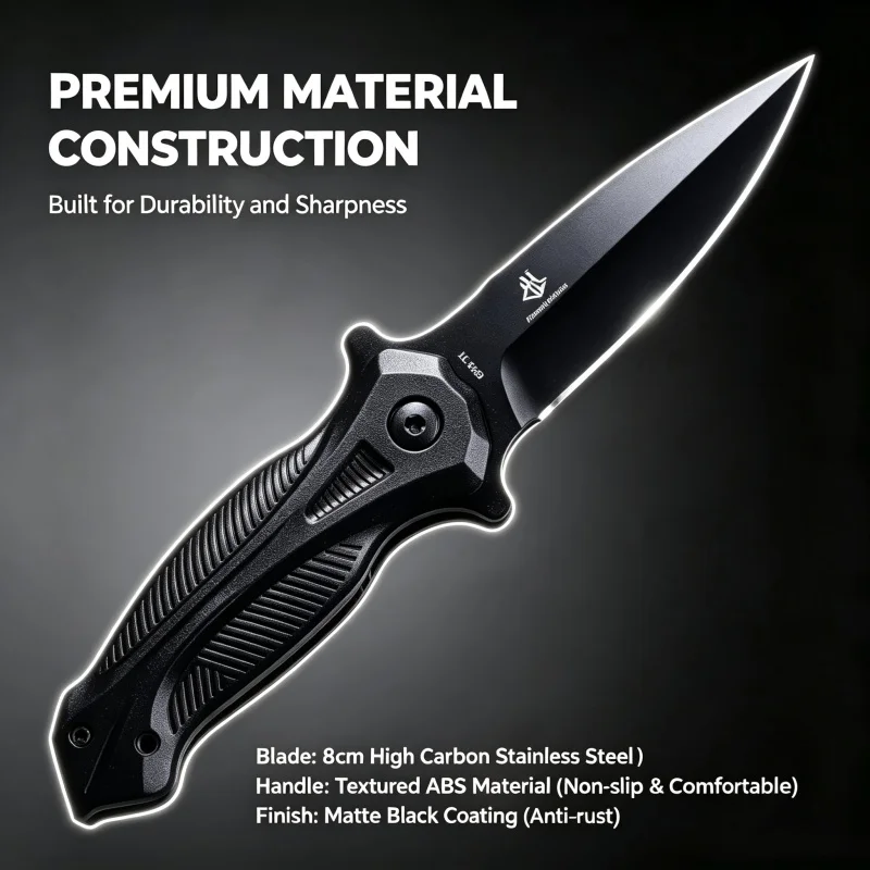 8cm High Carbon Steel Folding Knife with Anti-slip Textured ABS Handle Portable EDC Survival Pocket Knife for Home Camping Use