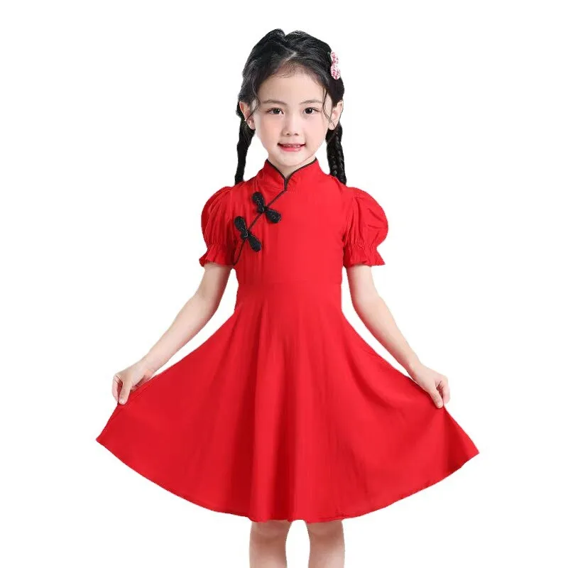 New Summer Kids Girls Solid Chinese Red Cheongsam Qipao Princess Teenager New Year Dresses Clothing 3 4 7 8 9 10 12 Years