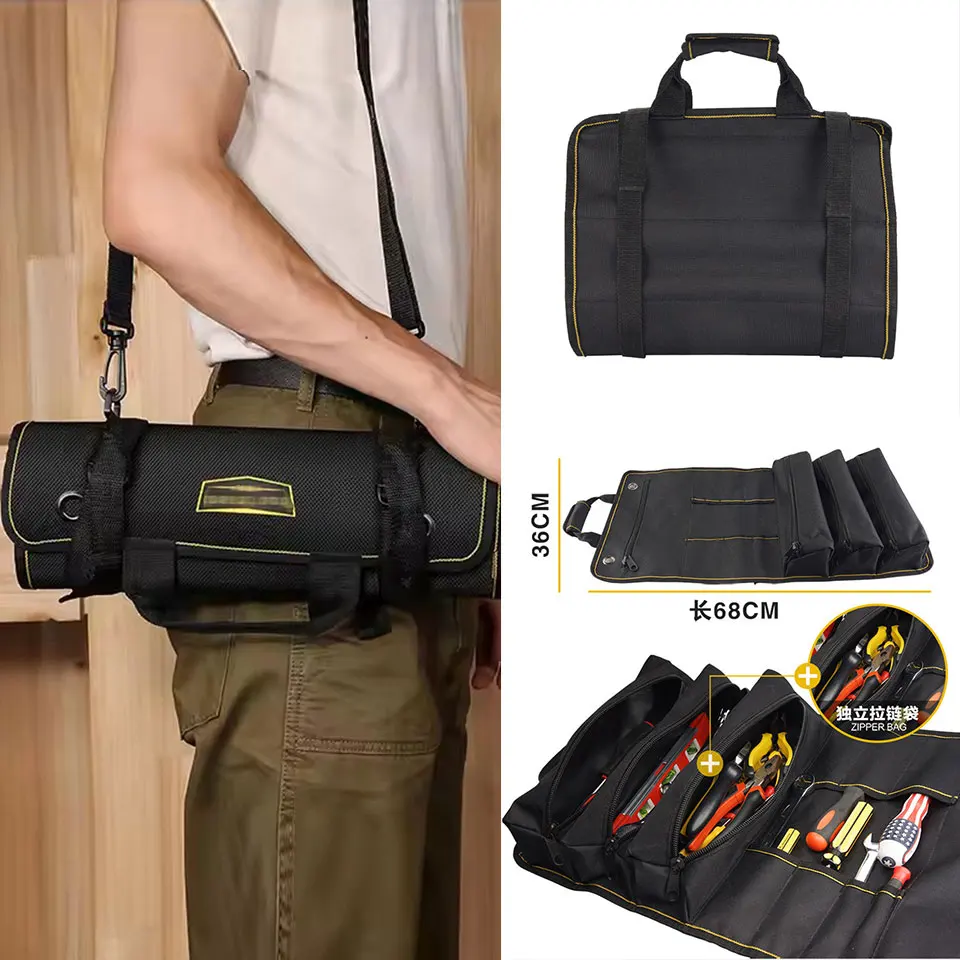 

Roll-Up Tool Bag Organizer with 11 Pockets - Rolls Up Compact, Waterproof Oxford Fabric with Padded Shoulder Strap WH047