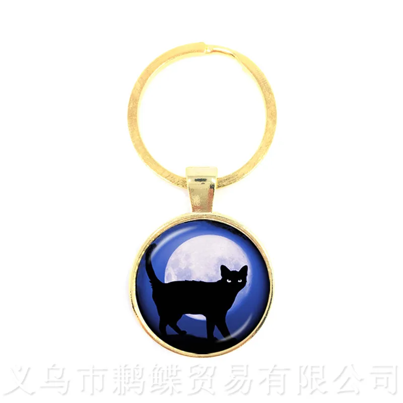 Cat And Moon Pattern Keychains 25mm Round Glass Dome Animal Picture Series Keyring Cat Lover Creative Gift Handmade Pendant