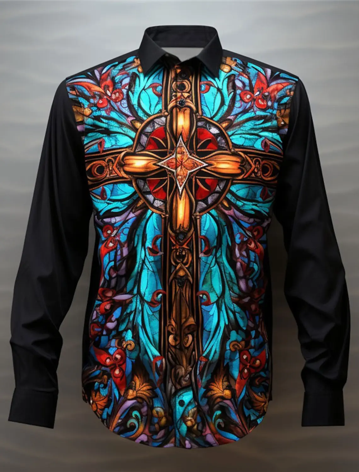 Camisa masculina de tecido elástico manga longa, abstrato artístico, bloco de cores, cruz colorida, roupa diária, corte de outono, 4 vias, 2024