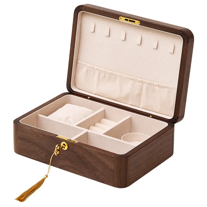 Black walnut retro desktop jewelry storage box, creative high-end jewelry box lock box home jewelry solid wood