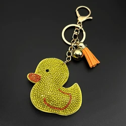 Cute Little Yellow Duck Keychain Ring For Women Men Clear Handmade Rhinestone Gold Color Lovely Animal Bag Hanging Jewelry