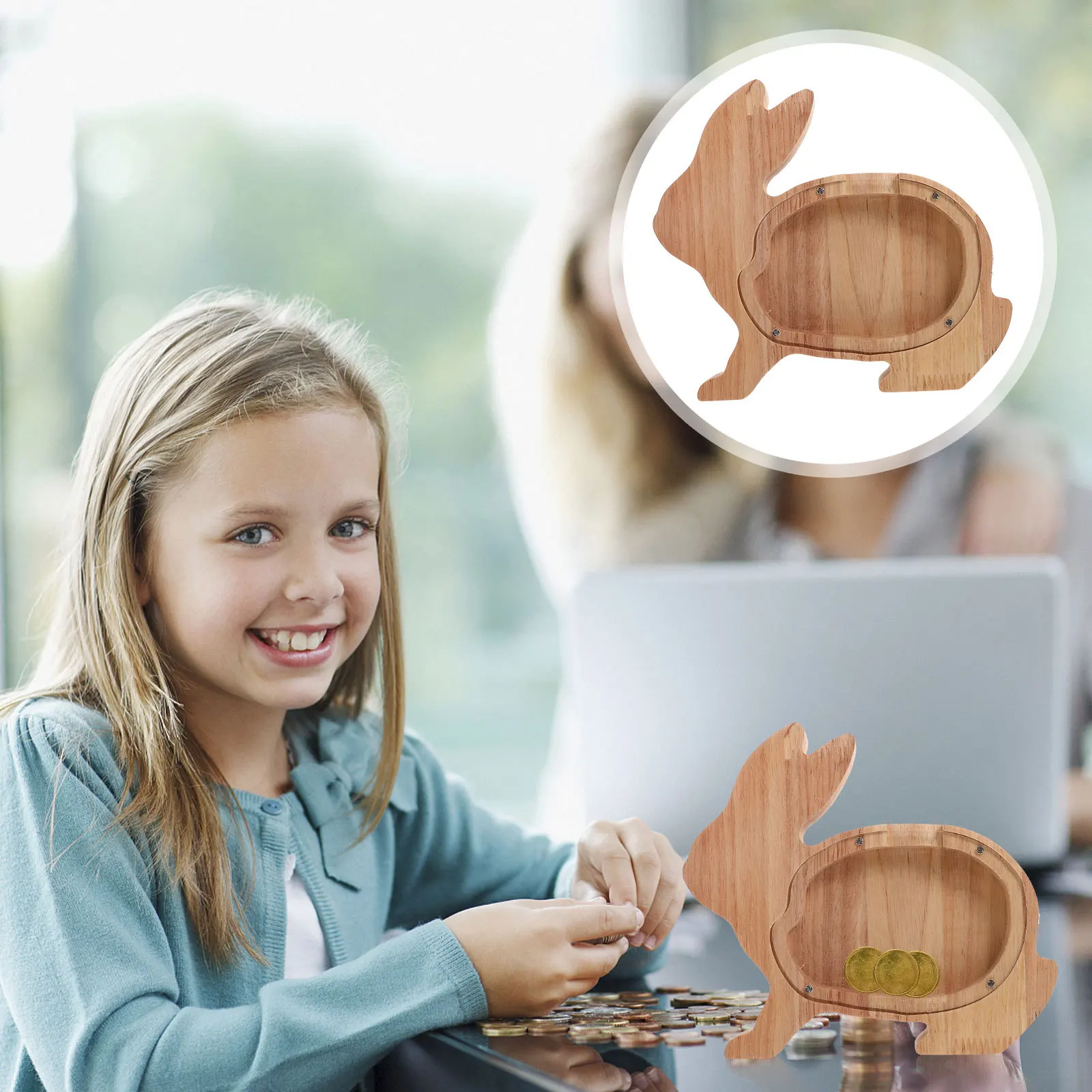 

Wood Rabbit Piggy Bank Durable Animal Shape Coin Holder Decorative Money Storage Box for Home Desktop Saving Pot