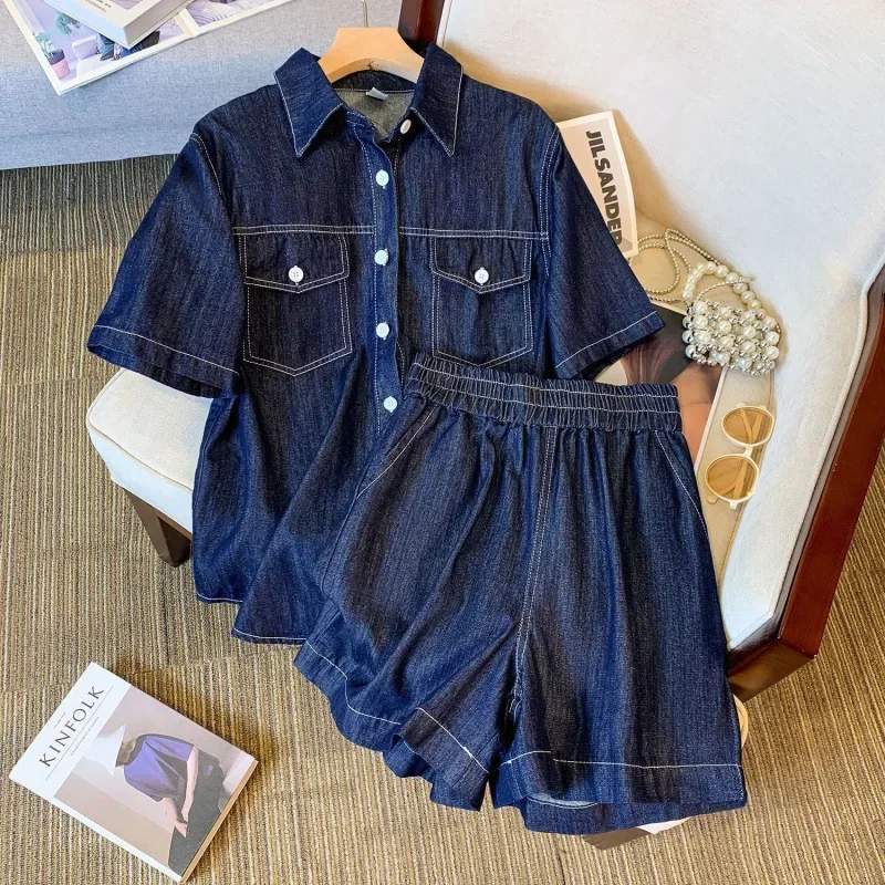

Women's Denim Shorts Set Casual Thin Short Sleeve Shirt Two-Piece Set Summer New Style Cotton Material Simple Design