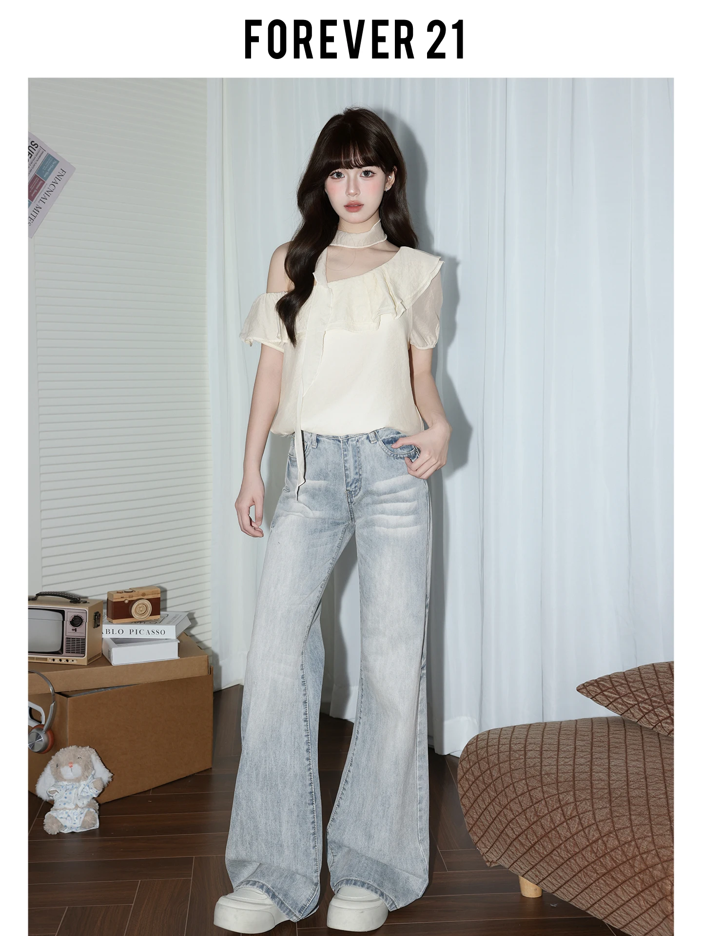 Jeans de Cintura Alta con Corte de Campana Forever 21 para Mujer, Estilo Vintage, Holgados, Forma de Pera, Pierna Recta, Azul Denim, Casual